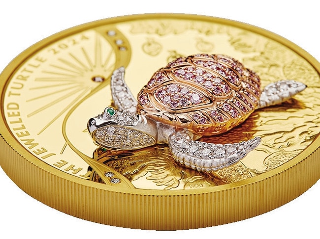 The Perth Mint will launch the seventh of its Masterpieces Jewelled Series, The Jewelled Turtle. There is an extremely limited mintage with just eight of these precious metal collectable coins available. Each Jewelled Turtle coin is crafted from 10 ounces of 99.99% pure gold and features 113 rare Argyle Pink Diamonds™, 57 natural white diamonds and two emeralds.The coins are Australian legal tender with a face value of AUD 2,500. Picture: Supplied