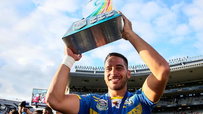 Corey Norman celebrates after winning the 2016 Auckland Nines.