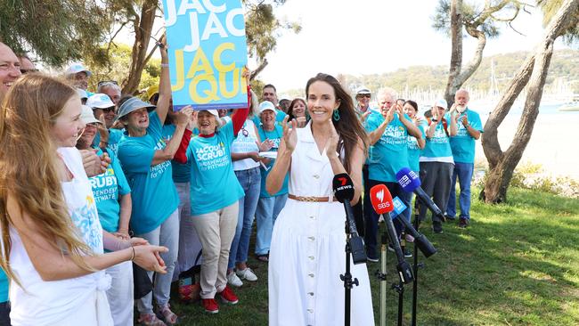 Jacqui Scruby with volunteers at Bayview Scout Hall, in the Pittwater electorate, on Sunday. Picture: John Feder