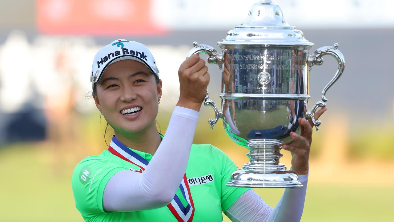 SOUTHERN PINES, NORTH CAROLINA - JUNE 05: Minjee Lee of Australia poses with the trophy after winning the 77th U.S. Women's Open at Pine Needles Lodge and Golf Club on June 05, 2022 in Southern Pines, North Carolina. (Photo by Kevin C. Cox/Getty Images)