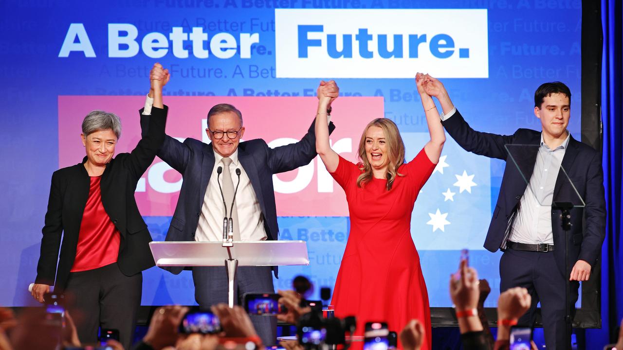 Anthony Albanese celebrates with Penny Wong, partner Jodie Haydon and son Nathan. Picture: Sam Ruttyn