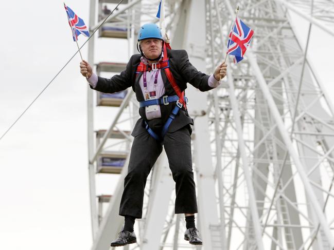 Former Mayor of London Boris Johnson got stuck on a zip-line during BT London Live in Victoria Park on August 01, 2012 in London. Picture: Getty