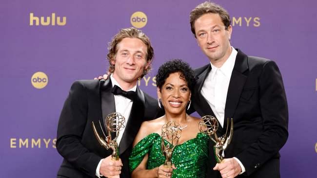 Jeremy Allen White, winner of the Outstanding Lead Actor in a Comedy Series, Liza Colón-Zayas, winner of the Outstanding Supporting Actress in a Comedy Series and Ebon Moss-Bachrach, winner of the Outstanding Supporting Actor in a Comedy Series for "The Bear", pose in the press room during the 76th Primetime Emmy Awards. Photo: Frazer Harrison