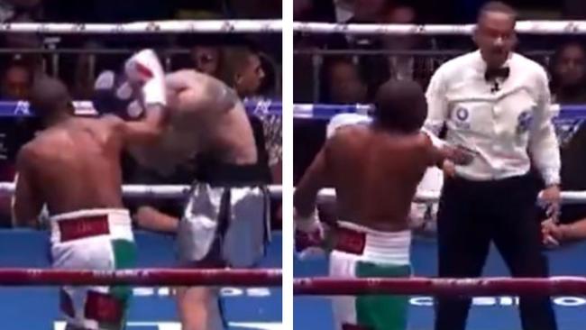 Floyd Mayweather boots ref out of ring over call. Photo: DAZN