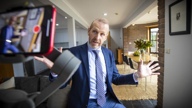 Real estate agent Kim Morgan doing a Facebook live open home in Mount Nelson in Hobart. Picture: LUKE BOWDEN