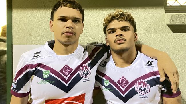 Ipswich tryscorers Tarell Indich and Chris Simpson after their 12-point win at the North Ipswich Reserve. Picture: Nick Tucker