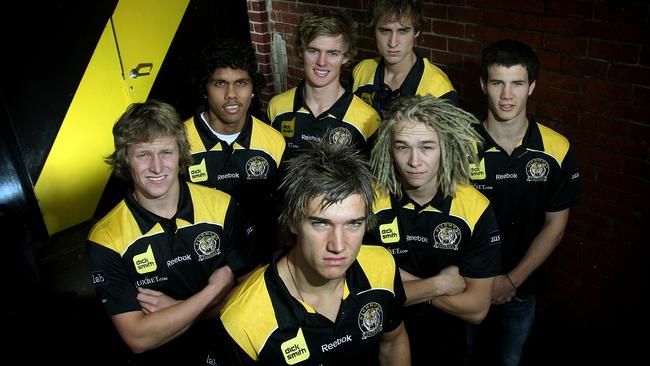 Richmond’s 2009 draftees (from left) Jeromey Webberley, Troy Taylor, Dustin Martin, David Astbury, Ben Griffiths, Ben Nason and Matt Dea.