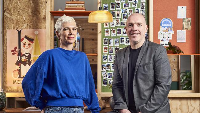 Atlassian head of workplace experience operations Gina Creegan and work futurist Dom Price at the new “connection hub” in Melbourne.