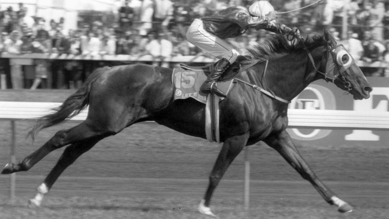 Let's Elope, ridden by Steven King, winning 1991 Melbourne Cup. Picture: Photo File