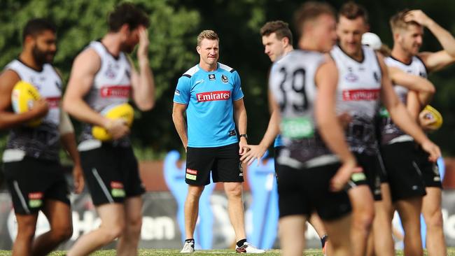 Collingwood coach Nathan Buckley watches over his players during training. Can the Pies make the finals? Picture: Getty