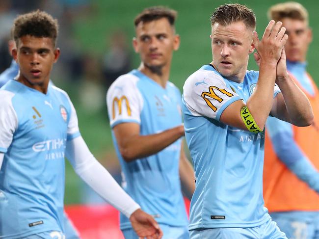 MELBOURNE, AUSTRALIA - JANUARY 29: Scott Jamieson of Melbourne City thanks the crowd during the round 12 A-League Men's match between Western United and Melbourne City at AAMI Park, on January 29, 2022, in Melbourne, Australia. (Photo by Kelly Defina/Getty Images)