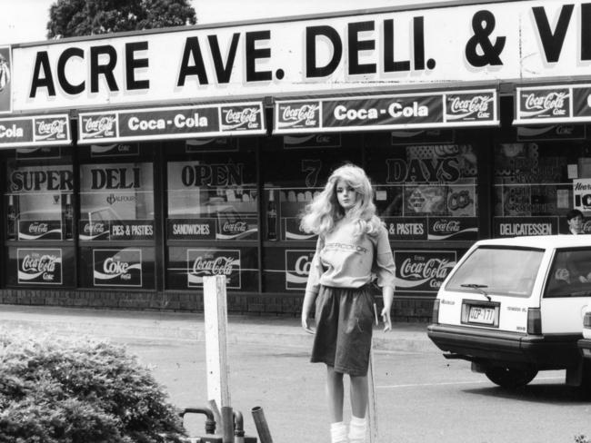 A store mannequin dressed similarly to missing girl Rhianna Barreau, on display outside the Acre Avenue delicatessan and shops at Morphett Vale in 1992.