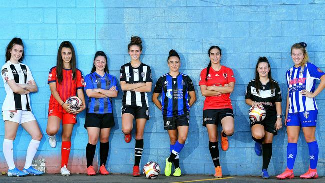 Women’s NPL players Mikayla Vidmar (Adelaide City), Stella Dracopoulos (FSANTC), Christine Skrembos (Comets), Caitlin Le Roux (Fulham United), Maria Jose Rojas (Salisbury Inter), Talia Bilardo (Metro United), Georgia Pannella (Adelaide Uni) and Lara Kirkby (West Adelaide) at Hindmarsh in February, 2020. Picture: Mark Brake