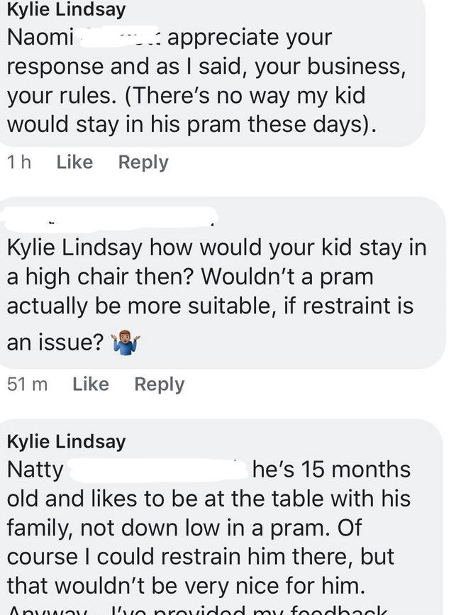 Low Road Cafe. Kylie Lindsay's original response before the business owner allegedly started attacking her online. Picture: Facebook