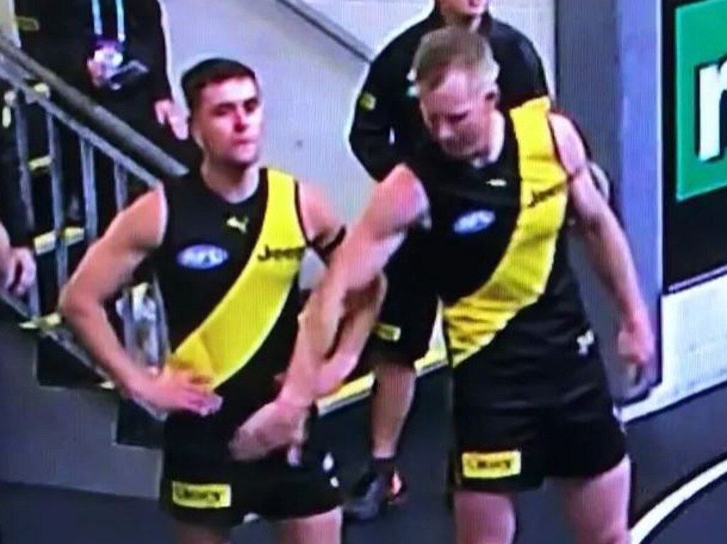 Jack Riewoldt inappropriately touching teammate Jayden Short.