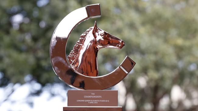 DAILY TELEGRAPH APRIL 5, 2022. PLEASE CONTACT PIC EDITOR NICOLA AMOROS BEFORE PUBLISHING. The Championships Longines Queen Elizabeth Stakes trophy at Rosehill Gardens Racecourse. Picture: Jonathan Ng