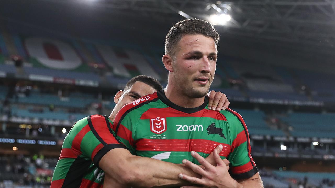 Sam Burgess and Cody Walker of the Rabbitohs celebrate victory during the NRL Semi Final match