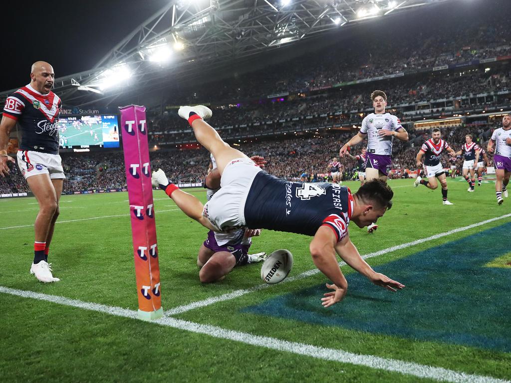 Roosters Joseph Manu scores a try during the 2018 NRL Grand Final between the Sydney Roosters and Melbourne Storm at ANZ Stadium. Picture. Phil Hillyard