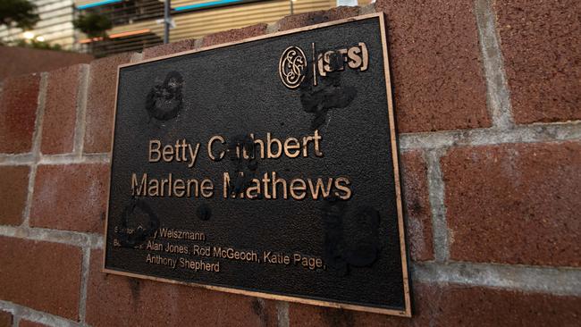 The ruined Betty Cuthbert and Marlene Matthew plaque. Picture: Julian Andrews