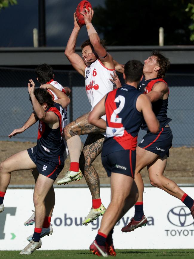 VFL: Northern Bullants’ Tyson Young takes the pack mark. Picture: Hamish Blair