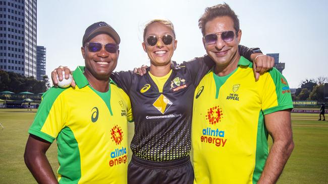 Australian women's cricketer Ash Gardner poses with Wasim Akram and Brian Lara ahead of the Bushfire Bash. Picture: Sarah Matray.