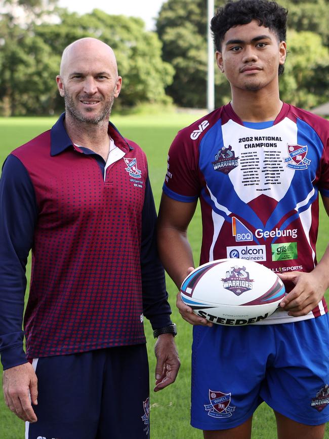 Coach Mick Roberts with Karl Oloapu, Wavell Heights. Picture: Liam Kidston