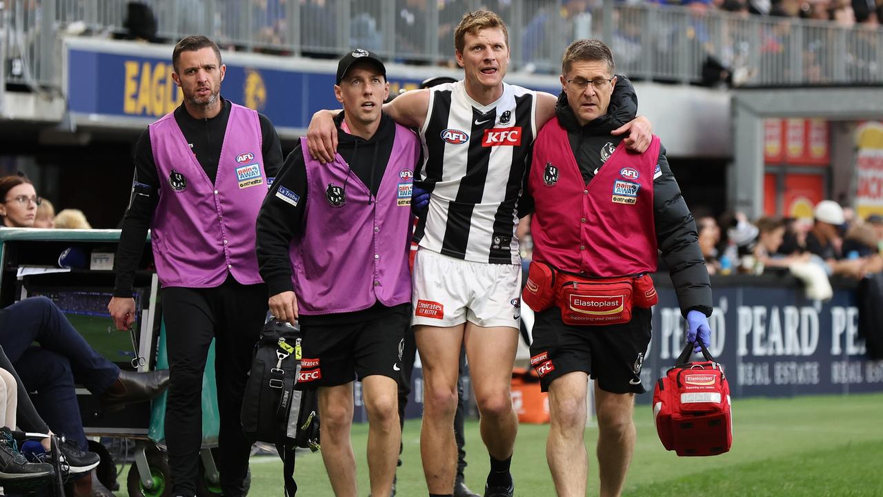 Will Hoskin-Elliott hurt his ankle. Picture: Will Russell/AFL Photos