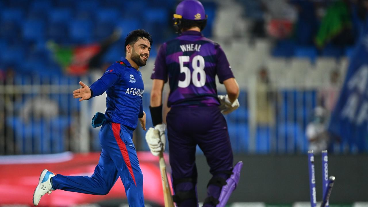 Afghanistan’s Rashid Khan celebrates the wicket of Brad Wheal of Scotland during their big T20 World Cup opening match win at Sharjah Cricket Stadium. Photo: Getty Images