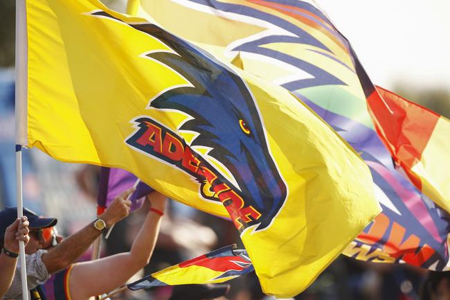 Crows fans cheer during the Round 7 AFLW match between the Melbourne Demons and the Adelaide Crows at Casey Fields in Melbourne, Saturday, March 16, 2019. (AAP Image/Daniel Pockett) NO ARCHIVING, EDITORIAL USE ONLY