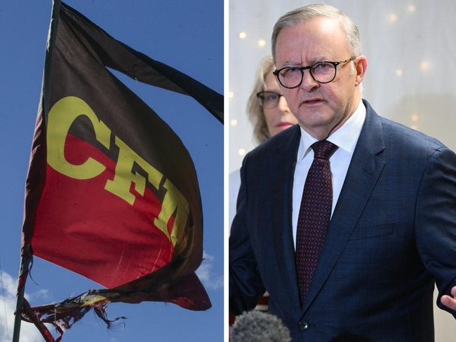 CFMEU flag and Prime Minister Anthony Albanese. Picture: NewsWire