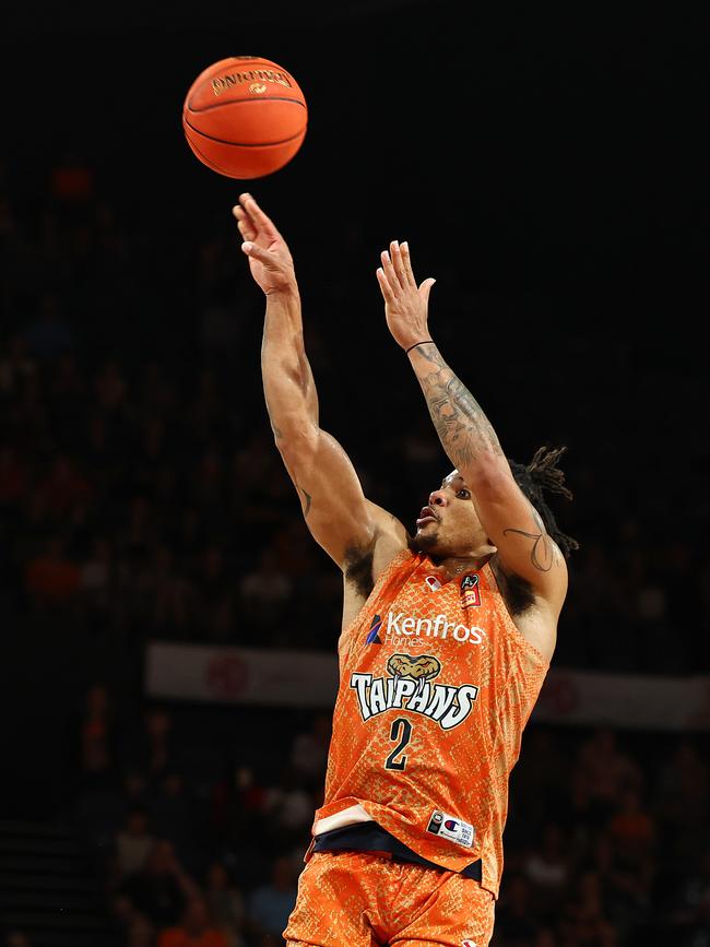 Taipans' Rob Edwards makes a clutch shot in the National Basketball League (NBL) match between the Cairns Taipans and the Adelaide 36ers, held at the Cairns Convention Centre. Picture: Brendan Radke