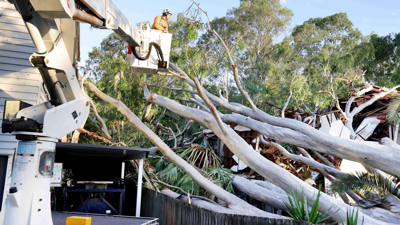 A tree was uprooted and smashed into a home on Gallipoli Rd at Camp Hill. Picture: Steve Pohlner