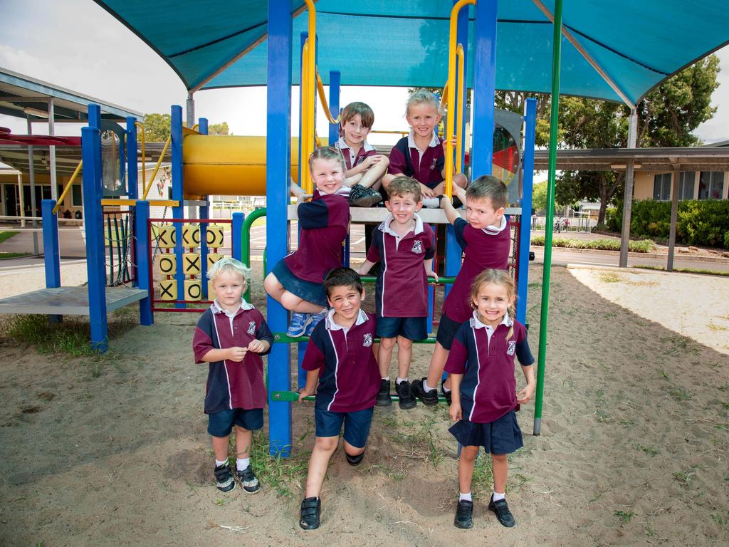 MY FIRST YEAR 2024: Allora State School Prep students (back) Fletcher and Mackenzie, (middle row, from left) Lily, Archie and Oscar and (front row, from left) Jake, Beau and Dekoda, February 2024. Picture: Bev Lacey