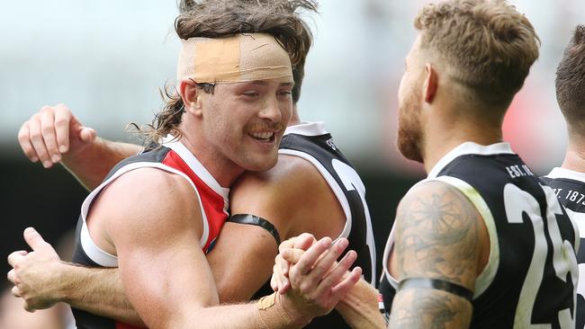 Jack Steven celebrates after the final siren. Picture: Michael Klein.
