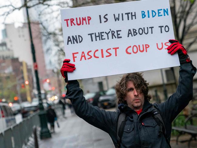 Max Azzarello protesting on April 18 outside the Manhattan courthouse where Donald Trump’s hush money trial is underway in New York. Picture: David Dee Delgado / Getty