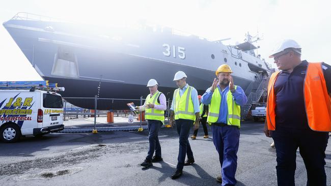 Federal Treasurer Jim Chalmers has visited the Cairns Marine Precinct, to promote the $360 million expansion to the industry, equally funded by the federal and state governments. Norship defence operations manager Stuart Hodgson shows Treasurer Jim Chalmers, Member for Cairns Michael Healy Norship defence operations manager Stuart Hodgson and Austral General Manager for Queensland Phil Growden inspect work being undertaken on Australian Defence Force vessels. Picture: Brendan Radke