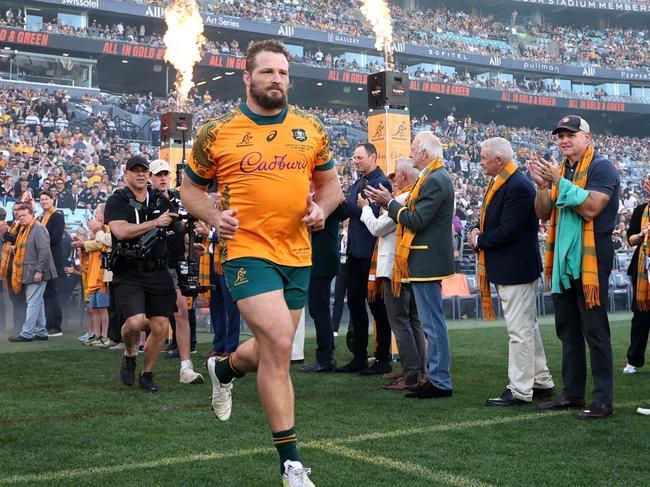 SYDNEY, AUSTRALIA - SEPTEMBER 21: James Slipper of the Wallabies leads the team out ahead of The Rugby Championship & Bledisloe Cup match between Australia Wallabies and New Zealand All Blacks at Accor Stadium on September 21, 2024 in Sydney, Australia. (Photo by Cameron Spencer/Getty Images)