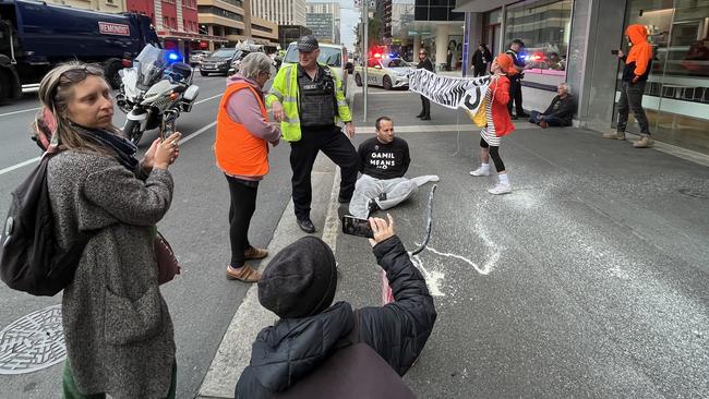 Extinction Rebellion protesters outside the Santos building on Thursday morning. Picture: Supplied