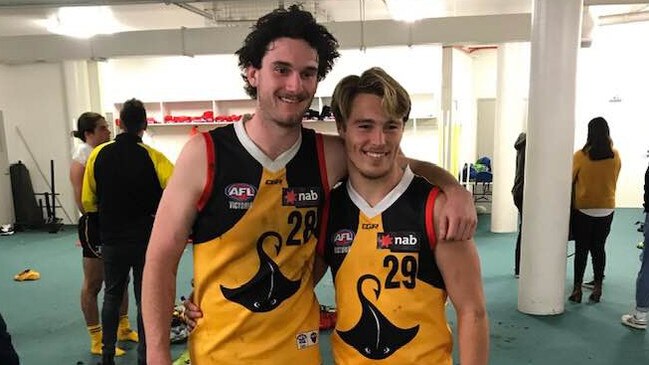 Bailey Schmidt and first-gamer Flynn Hynes (right) after the Stingrays’ win.