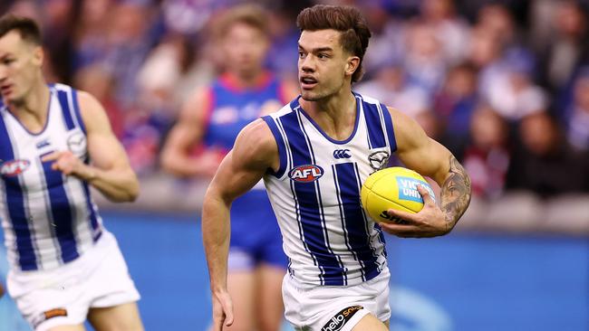 AFL Round 16.. Western Bulldogs vs North Melbourne at Marvel Stadium, Melbourne. 04/07/2021. Jy Simpkin of the Kangaroos during the 1st qtr. . Pic: Michael Klein