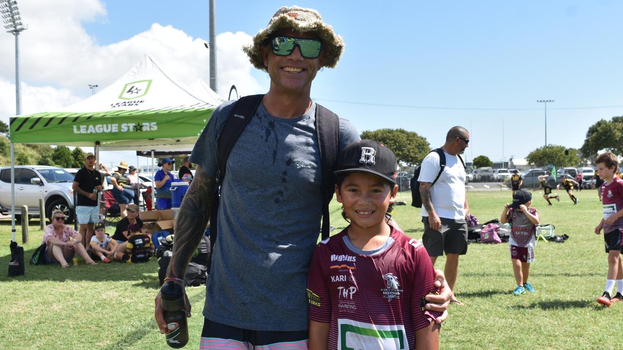 Mark and Jesse Gillespie at the Play Something Unreal rugby league clinic in Kawana. Picture: Sam Turner