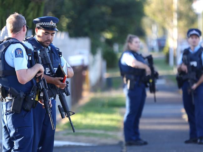 Armed police maintain a presence outside a mosque in Auckland after the attacks in Christchurch. Picture: Phil Walter/Getty Images