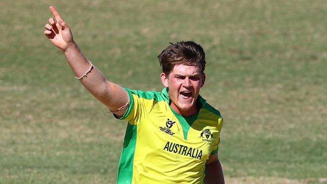 Aidan Cahill celebrates a wicket in the game against Pakistan at the ICC U19 Cricket World Cup.