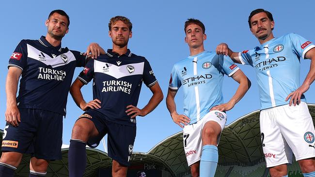 MELBOURNE, AUSTRALIA - DECEMBER 19: Brendan Hamill and Ryan Teague of the Victory and Kai Trewin and Callum Talbot of Melbourne City pose during a Melbourne Victory and Melbourne City A-League Derby media opportunity at AAMI Park on December 19, 2024 in Melbourne, Australia. (Photo by Morgan Hancock/Getty Images)