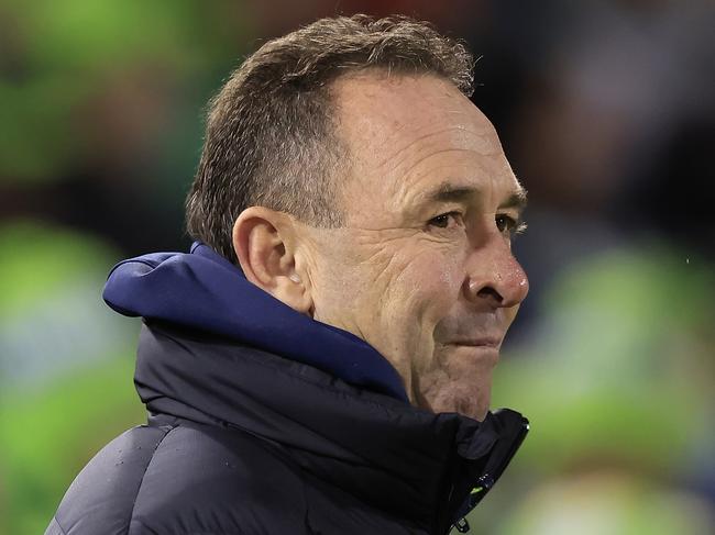 CANBERRA, AUSTRALIA - AUGUST 06:  Raiders coach Ricky Stuart looks on during the round 21 NRL match between the Canberra Raiders and the Penrith Panthers at GIO Stadium, on August 06, 2022, in Canberra, Australia. (Photo by Mark Evans/Getty Images)