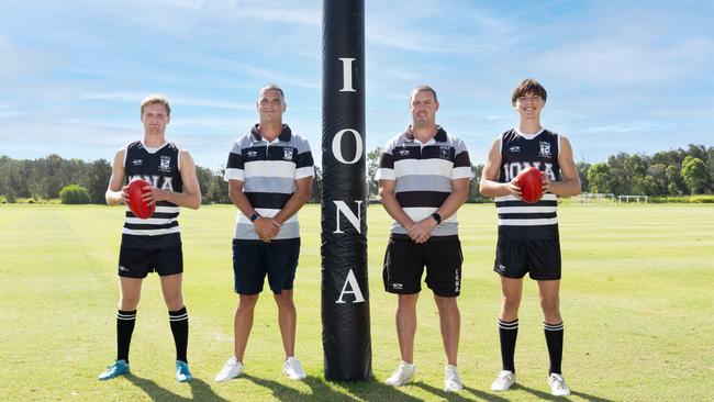 Ex-North Melbourne star Leigh Harding and former Brisbane Lions captain Tom Rockliff were now coaches at Iona College.Pictured with Archie Watts (right ) and Ben Lillico (left).