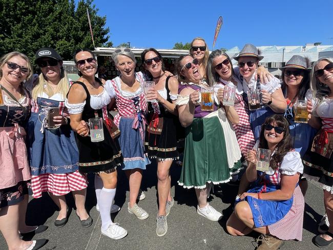 Lisa Button, Missy Parry, Angela Robinson, Jenny, Alysha, Briony, and Joelle at the 2024 Yarra Valley Oktoberfest. Picture: Himangi Singh.