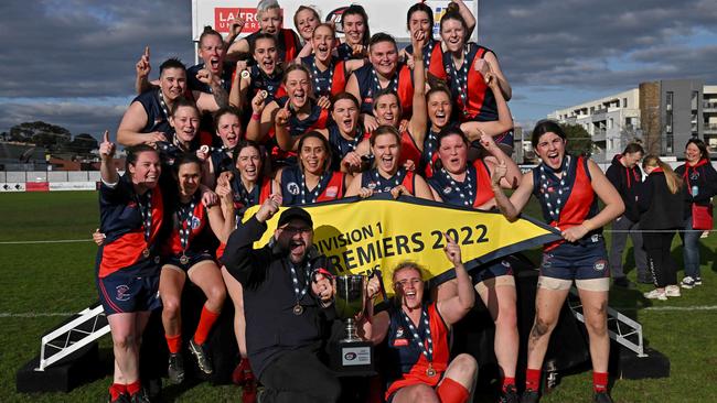 Diamond Creek Women’s celebrate their premiership win. Picture: Andy Brownbill