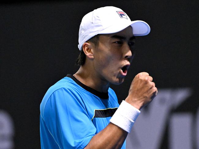 Australia's Rinky Hijikata reacts during his men's singles match against countryman Thanasi Kokkinakis at the Brisbane International. Picture: William WEST / AFP