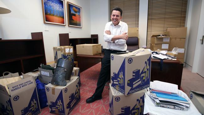 Nick Xenophon on his final day in his parliamentary office in Parliament House. Picture Gary Ramage